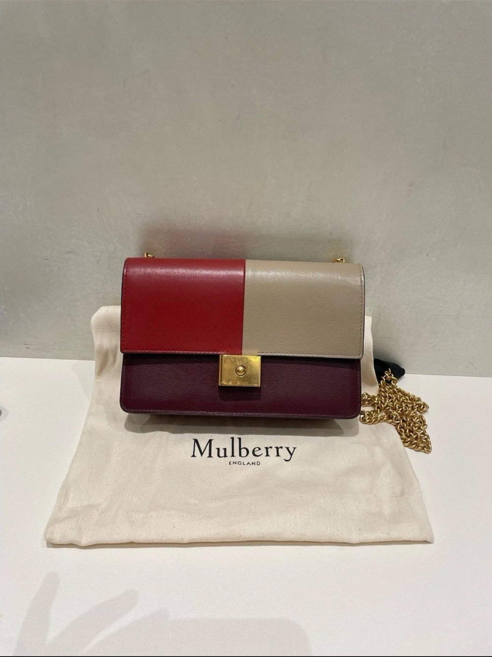 Mulberry Tri-Color Leather Shoulder Bag in Red, Beige & Burgundy